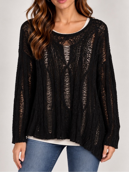 Jennifer Lopez Sweaters - Jennifer Lopez Black Open-Weave Crewneck Sweater